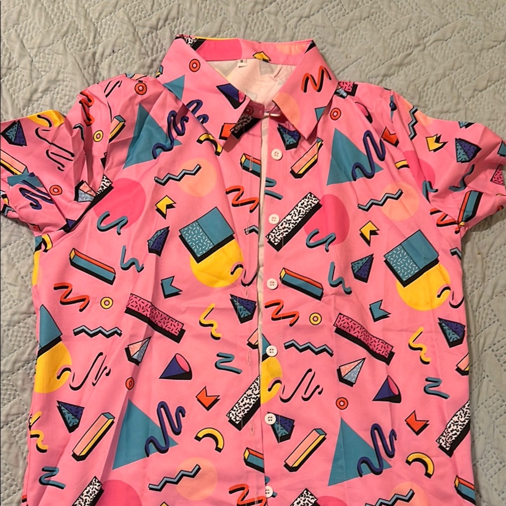 80’s Pink Geometric Print Button-Up Shirt